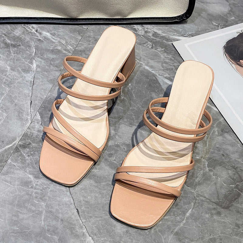 Block Heel Sandals Open Toe Slide Strap Women's Shoes