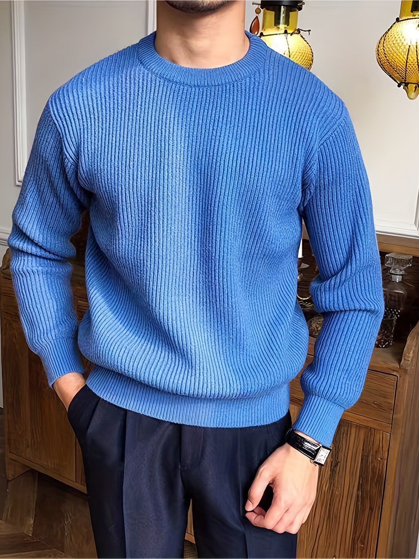 Men's Casual Solid Knitted Sweater Round Neck Pullover For Fall Winter