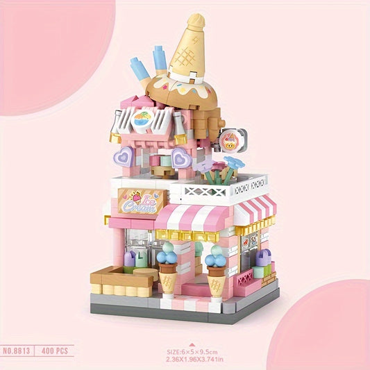 City Street View Building Block Set DIY Ice Cream Coffee Flower Shop Model Toy