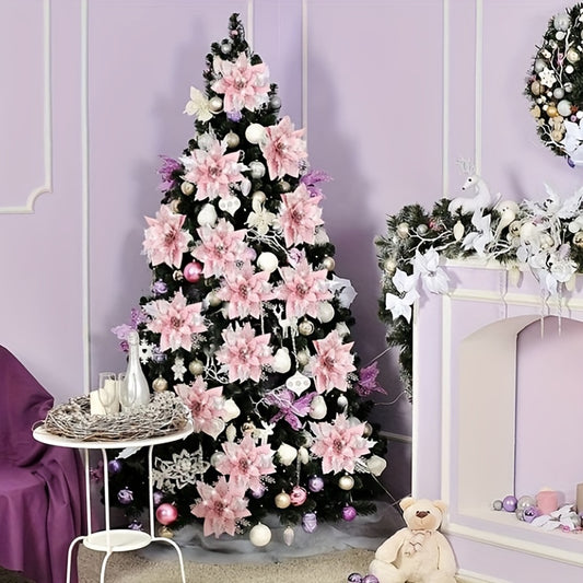 5pcs Glitter Christmas Flowers Xmas Tree Ornaments Decorations