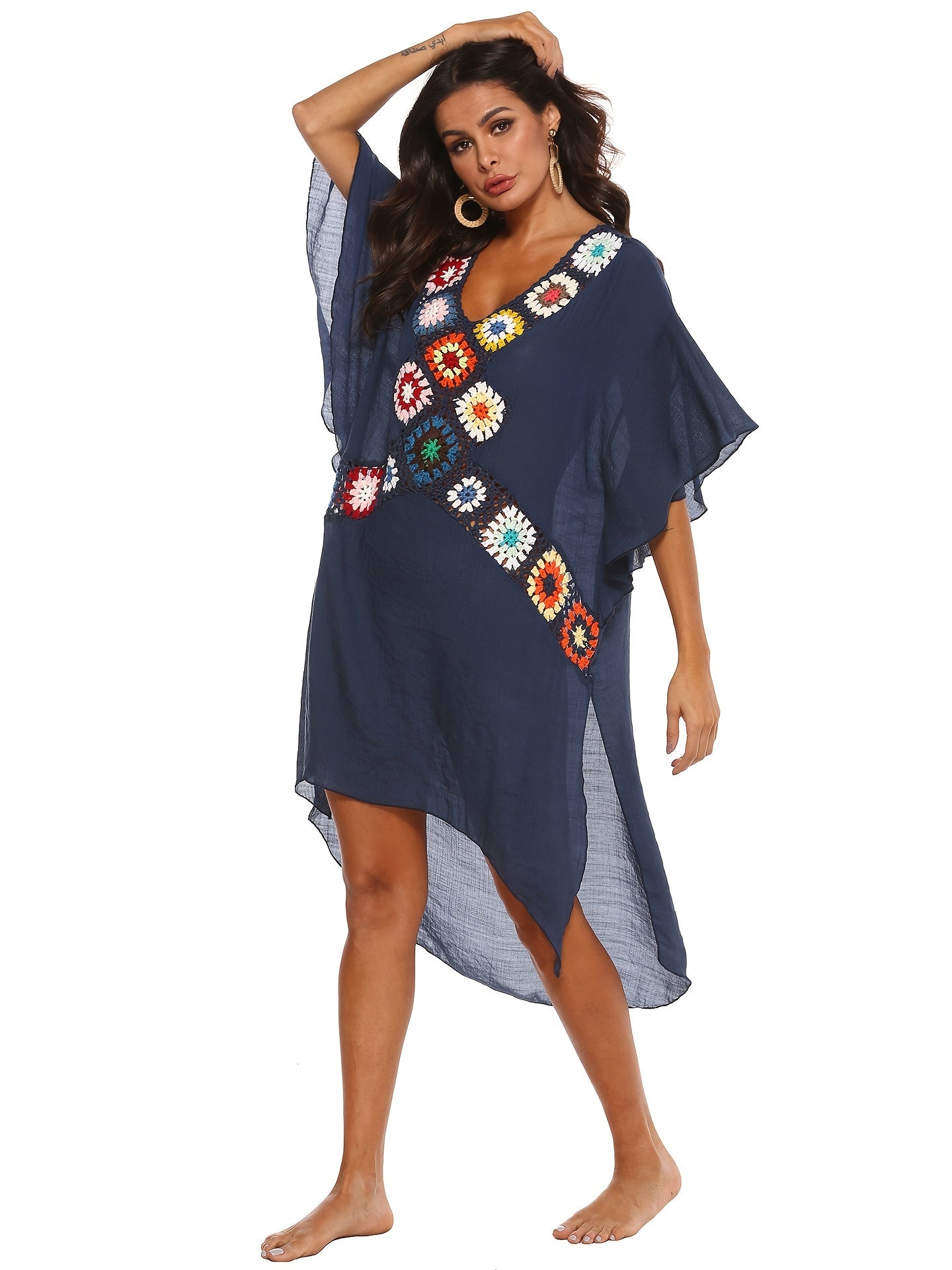 Crochet Floral Decor Beach Dress V Neck Semi Sheer Split Kaftan