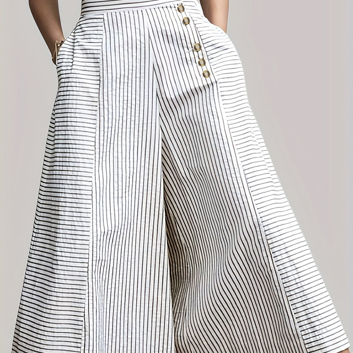  Stripe Print Wide Leg Button Up Loose Pants