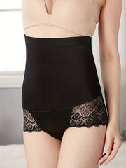 High Waist Mesh Stitching Shaping Panties Tummy Control Scalloped Trim Underwear