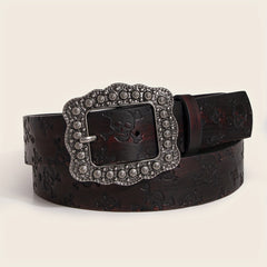 Vintage Carved Buckle Brown Belt Skull Pattern Embossed PU Leather Belt