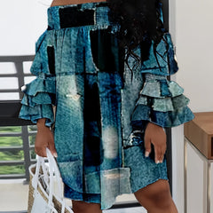  Geometric Print Off Shoulder Dress