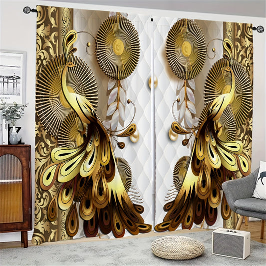 2 Panels Golden Peacock Curtain Rod Pocket Top Window Drapes