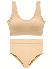 Comfy Sports Bra & Panties Set, Wireless Tank Bra & Elastic Panties