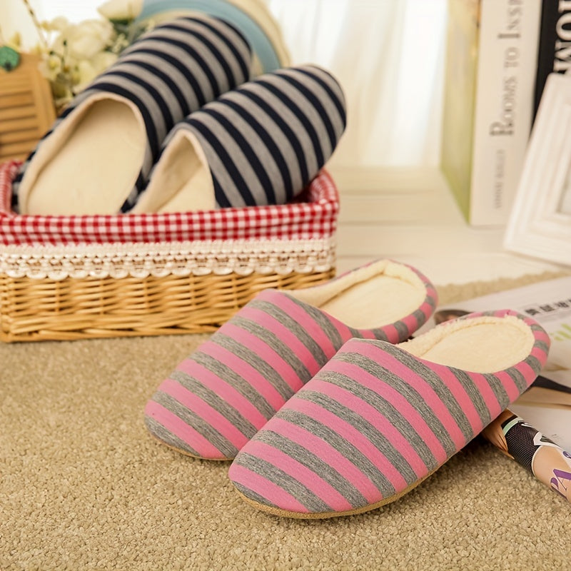 Women's Plush Lined Slippers Warm Striped Flat Shoes