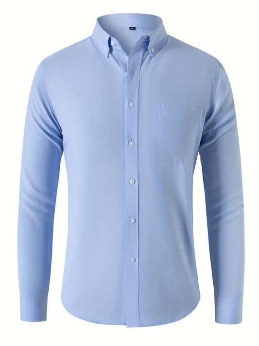Solid Men's Casual Button Up Long Sleeve Shirt With Pocket