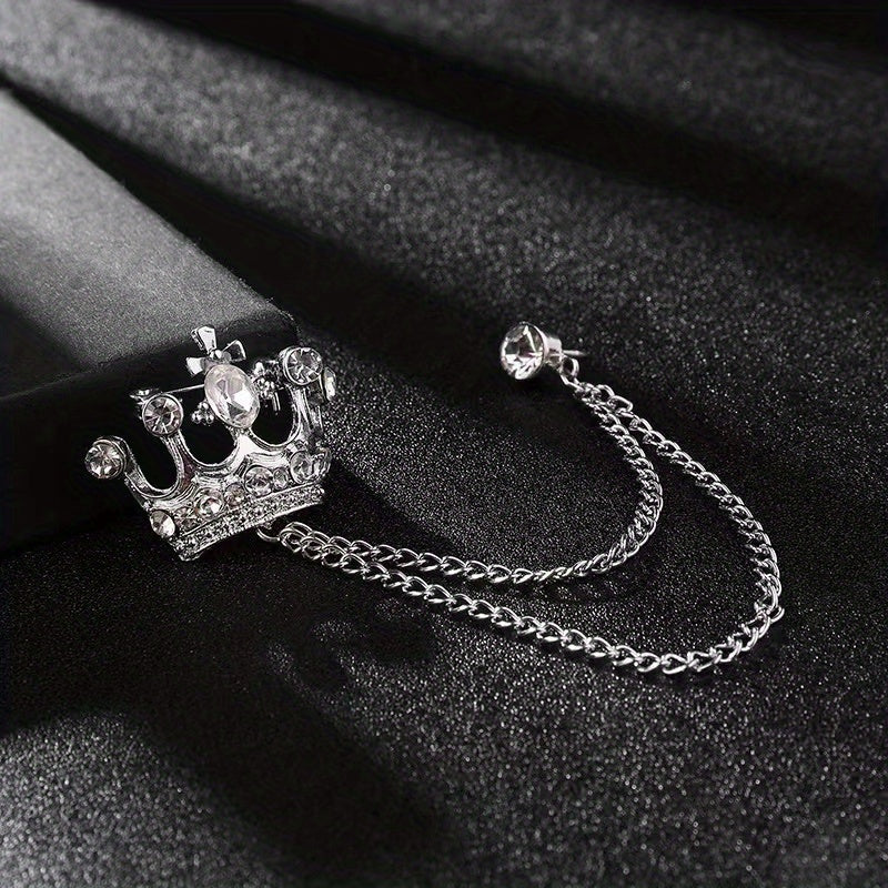 Rhinestone Crown Brooch Chain Tassel Suit Jewelry Collar Pin