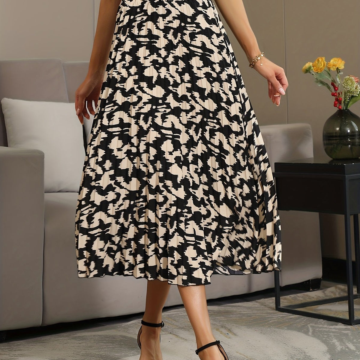 Printed Pleated Skirt Elastic Waist Spring & Summer Women's Clothing