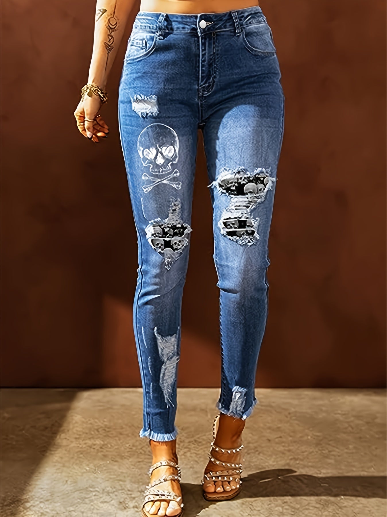  Women's Skull Print Ripped High Stretch Jeans