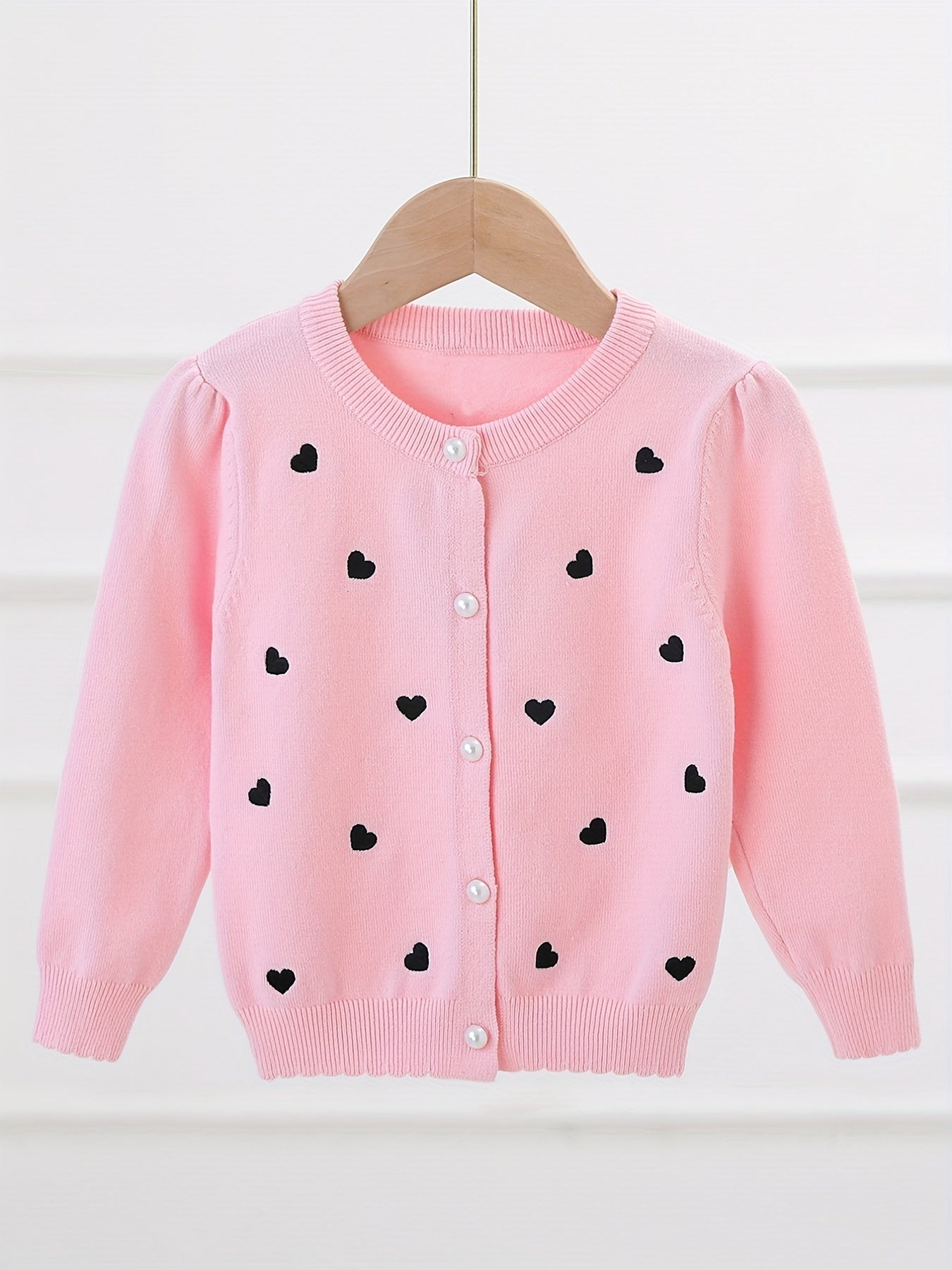 Girls' Pearl Button Down Knit Cardigan Sweater With Hearts Jacquard