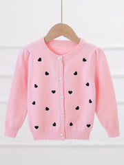 Girls' Pearl Button Down Knit Cardigan Sweater With Hearts Jacquard