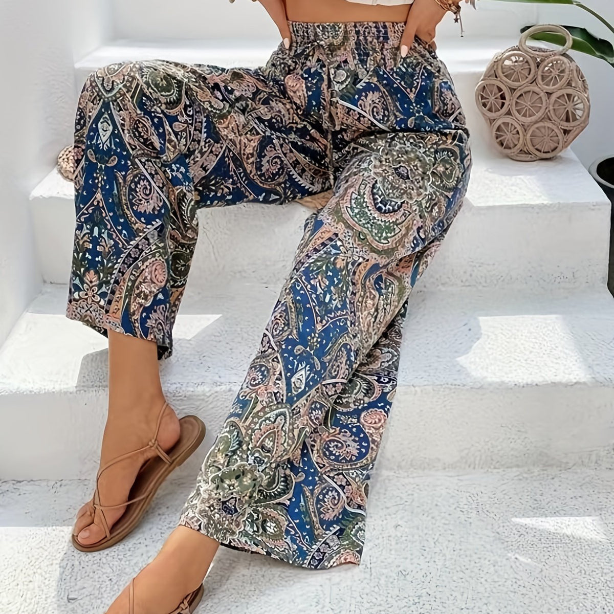  Geometric Print Drawstring Wide Leg Pants