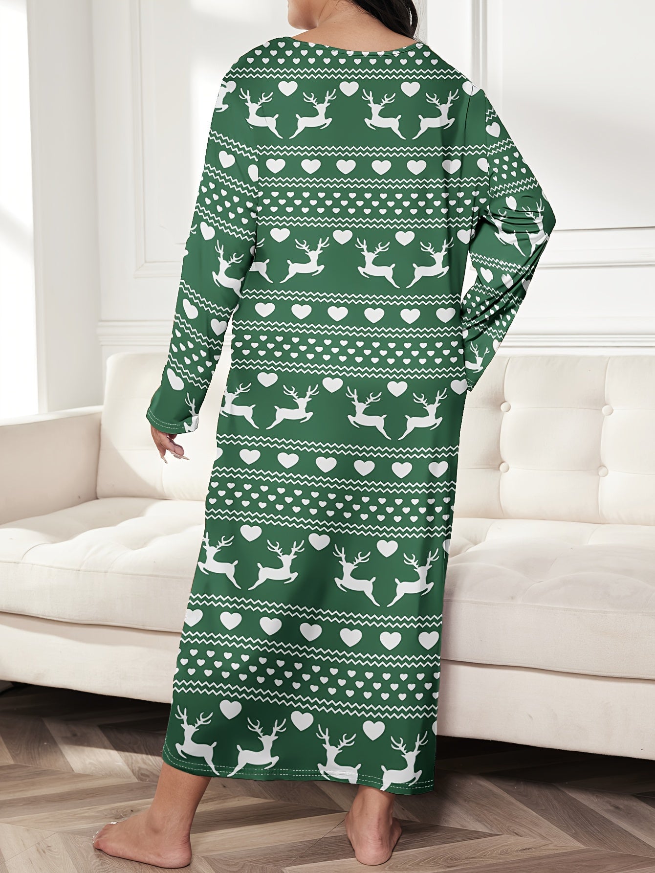  Christmas Lounge Dress Elk & Heart Stripe Print Long Sleeve Te