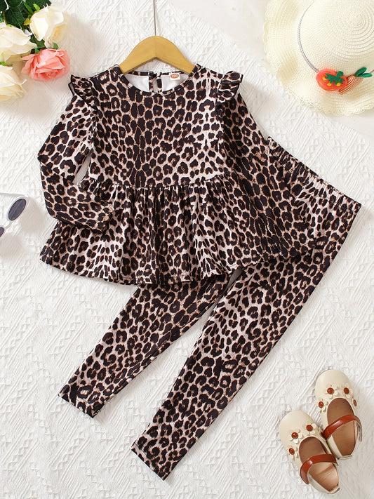 Girls 2pcs Leopard Print Long Sleeve Top & Pants Set Ruffle Casual Kids Clothes