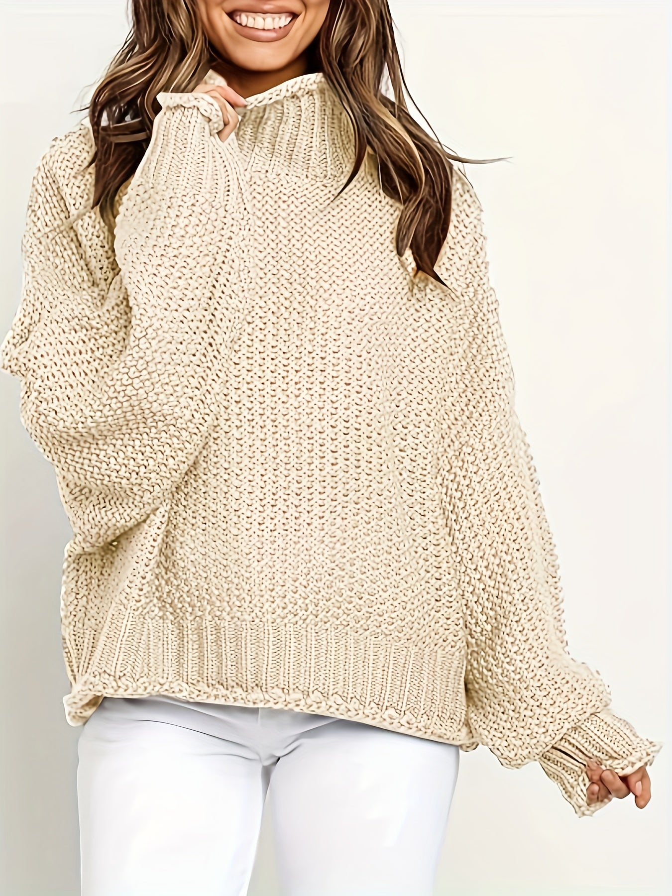 Solid Bat Sleeve Mock Neck Knitted Pullover Sweater