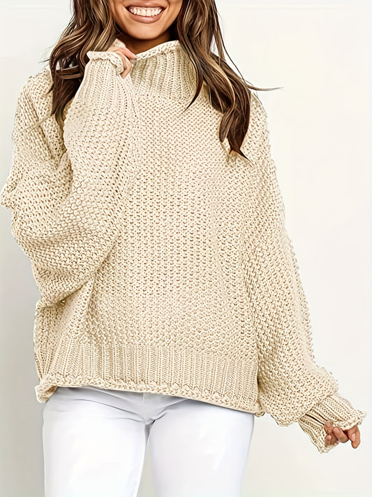 Solid Bat Sleeve Mock Neck Knitted Pullover Sweater