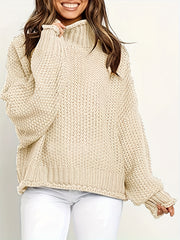 Solid Bat Sleeve Mock Neck Knitted Pullover Sweater