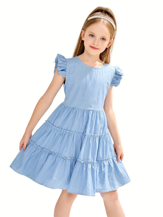 Girls Flutter Sleeve Ruffle A Line Dress Sweet Princess Style Sundress