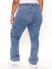Women's Plus Button Fly High Rise Straight Leg Cargo Jeans