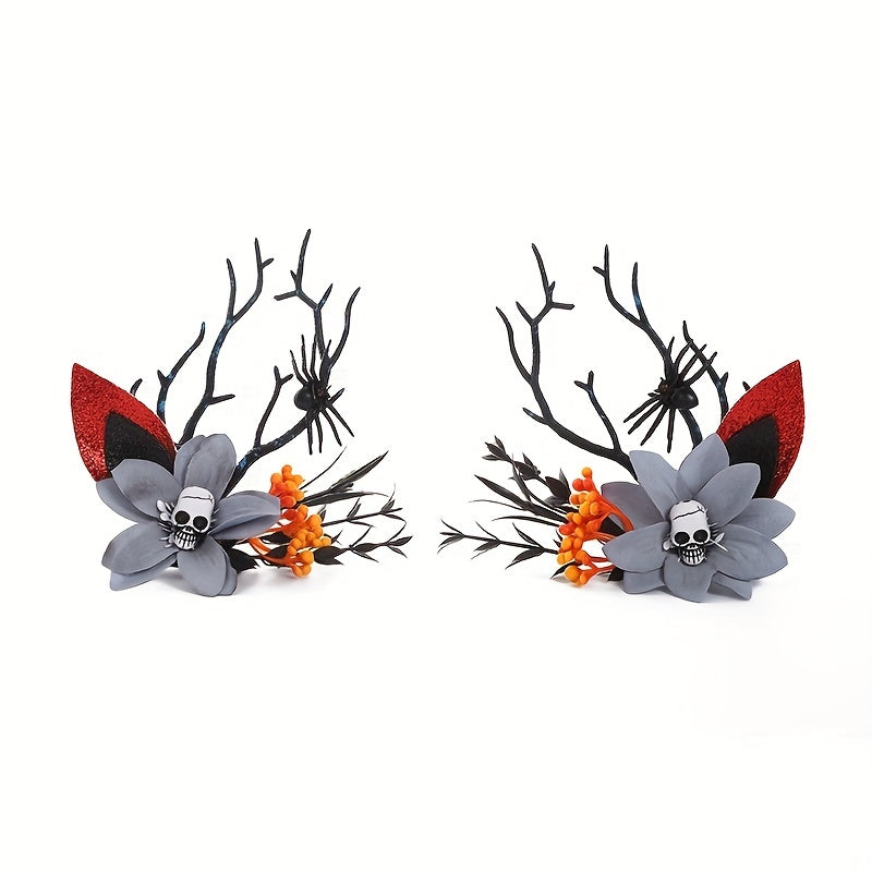 2pcs Halloween Antlers Skull Hair Clips Elk Horn Floral Headwear