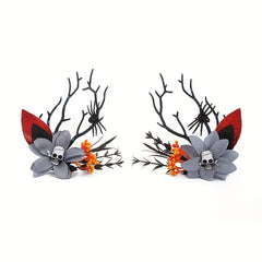 2pcs Halloween Antlers Skull Hair Clips Elk Horn Floral Headwear