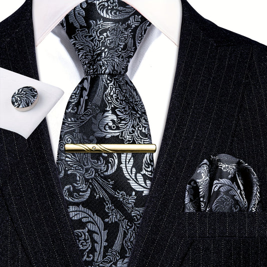 Barry Wang Black&White Floral Paisley Necktie Set
