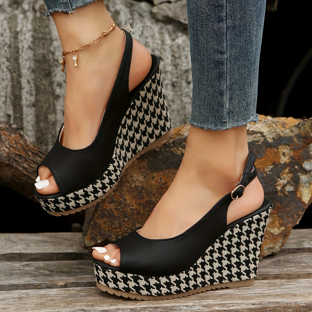 Women's Houndstooth Platform Wedge Sandals Peep Toe Buckle Strap Slingback Heels