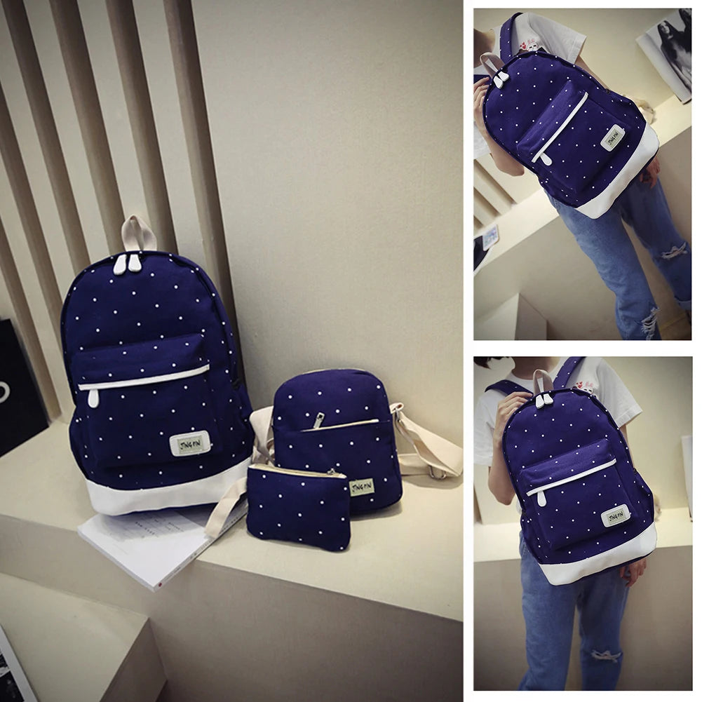 3pcs Girl Crossbody Bag Canvas Bookbag Backpack Set Polka Dot Pencil Case