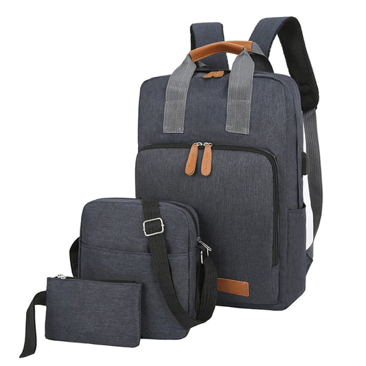 3pcs Student Backpack with Crossbody Bags Solid Shoulder Bag