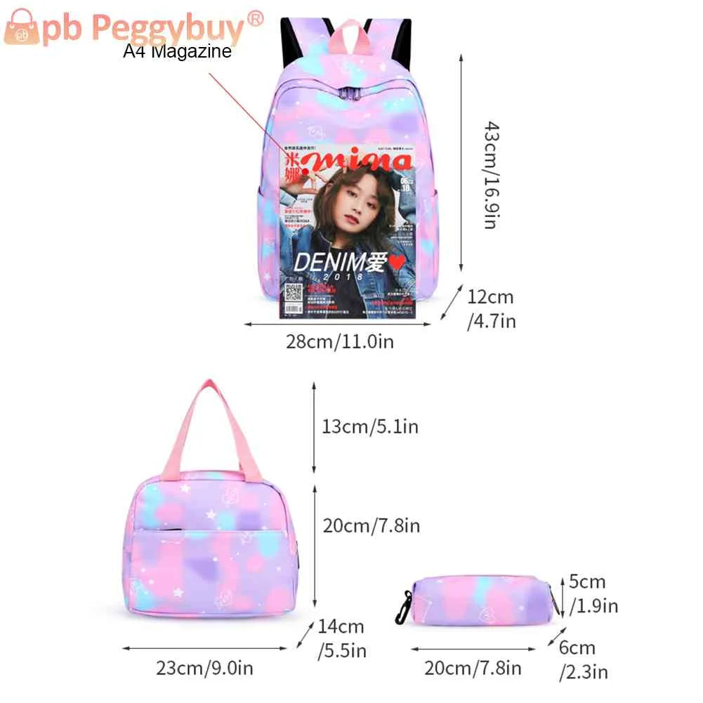 3pcs/set Laptop Backpack Adjustable Strap Women Nylon Travel Backpack Gradient W