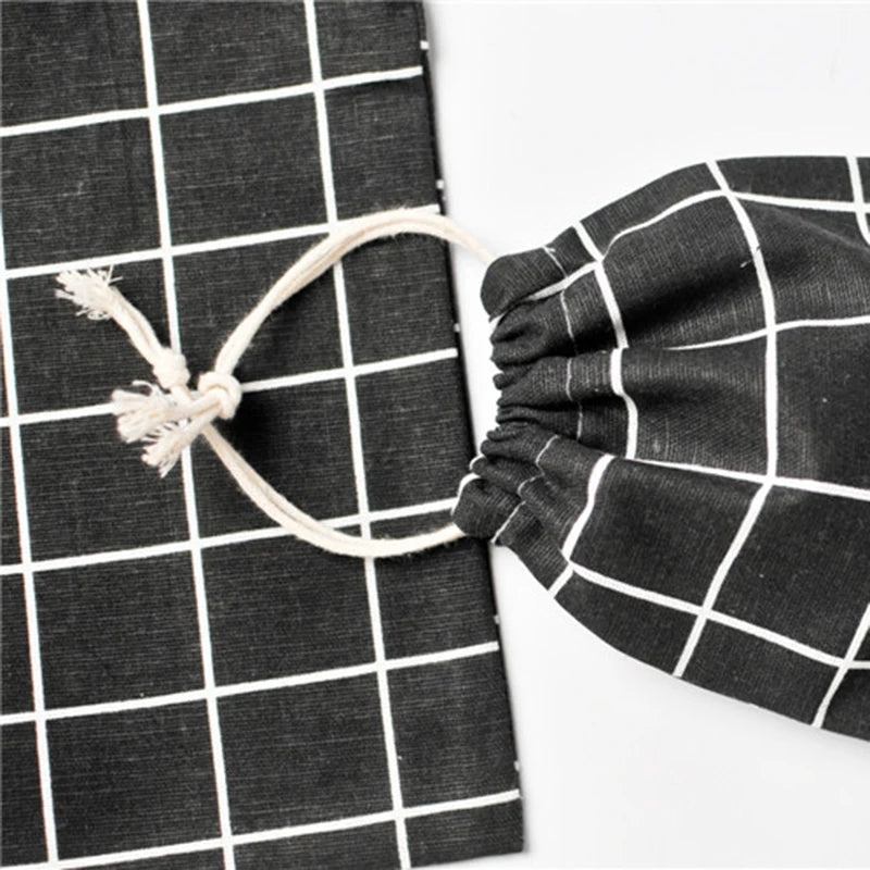 3pcs Plaid Drawstring Cotton Linen Storage Bags Portable Travel Organizer Pouch