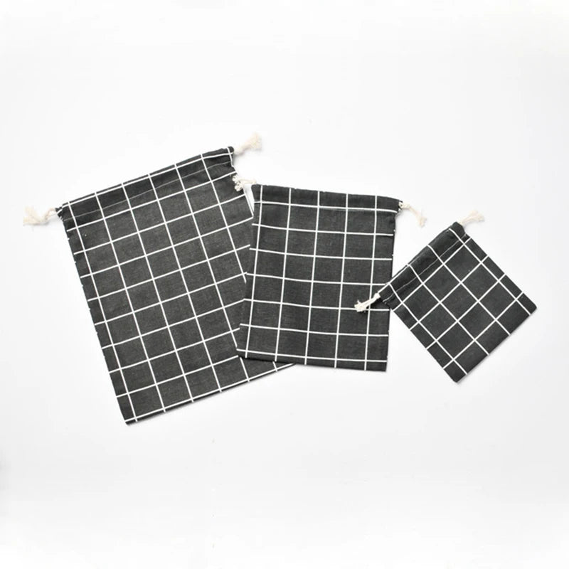 3pcs Plaid Drawstring Cotton Linen Storage Bags Portable Travel Organizer Pouch