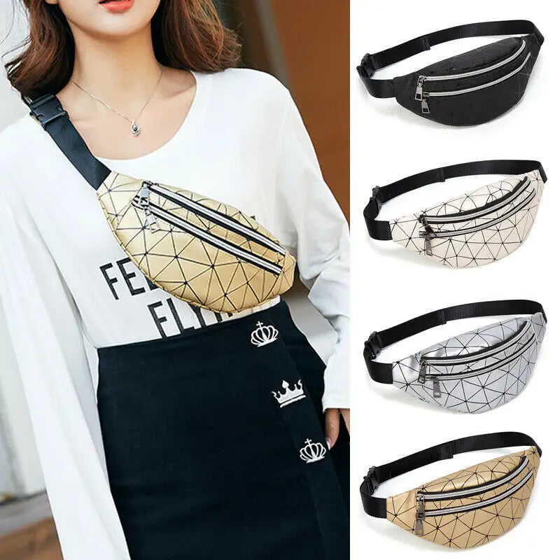 Geometric Pattern Waist Bag for Women | PU Leather Fanny Pack