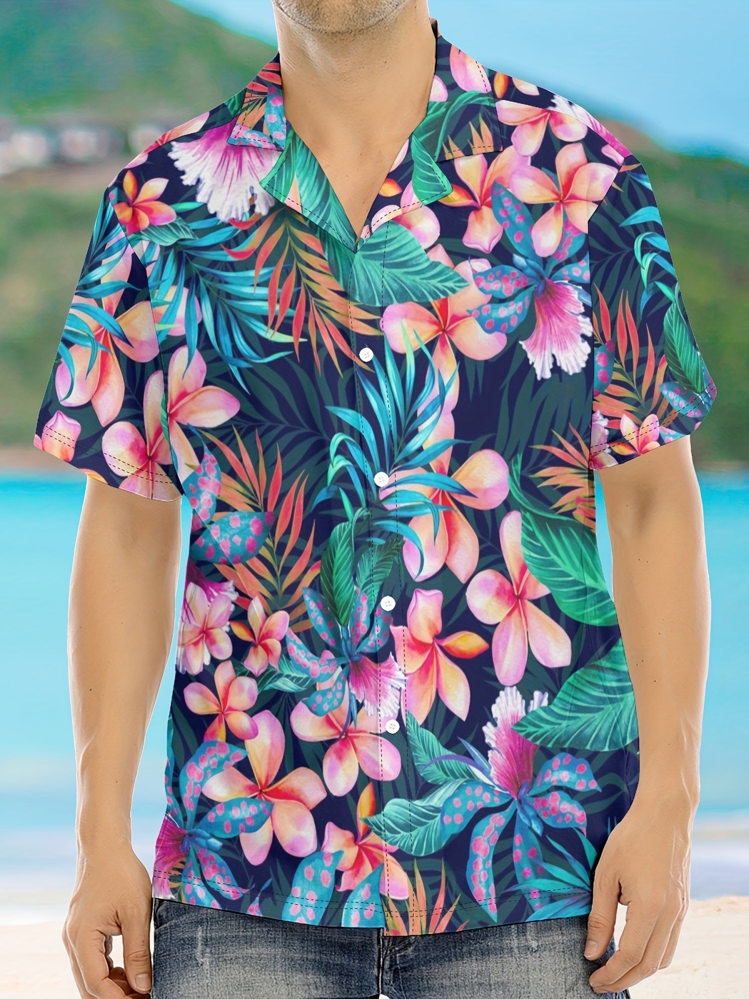 Tropical Flower Print Hawaiian Shirt Short Sleeve for Men