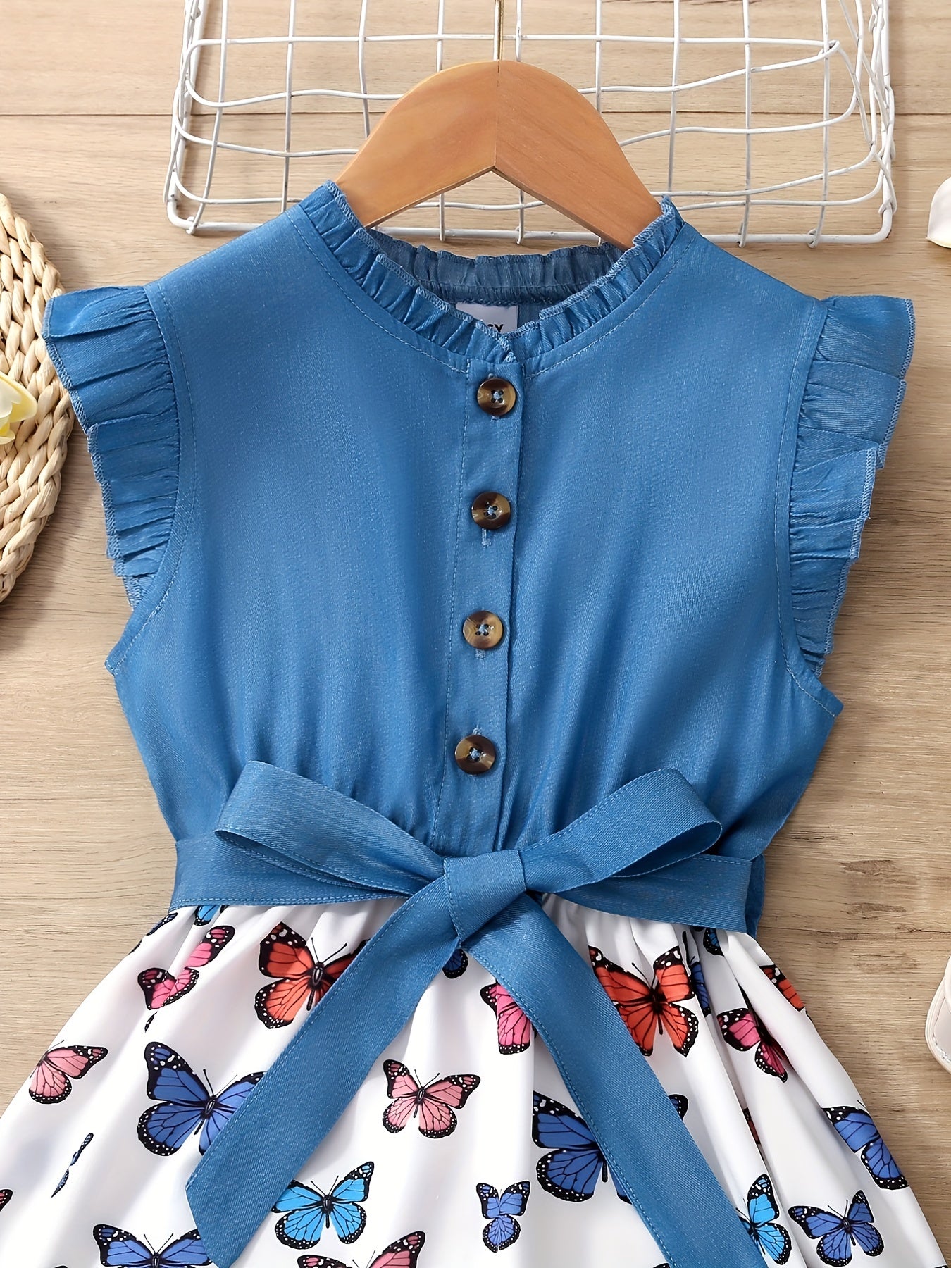 Girls Sleeveless Ruffle Denim Leopard Print Princess Dress