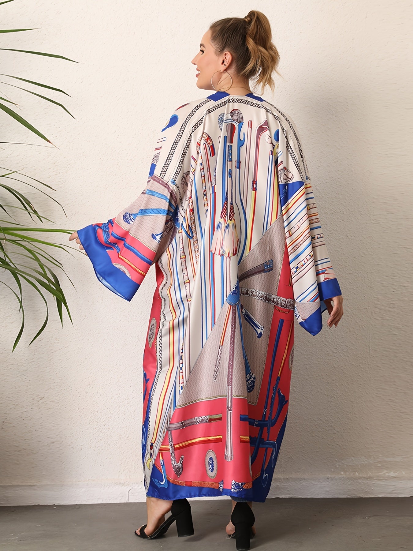 Boho Kimono Women's Plus Size Allover Print Long Sleeve Open Front Beachwear