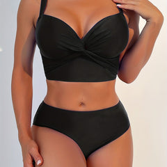 V Neck Twist Cross Back 2 Piece Tankini Swimsuit Solid High Strech Push Up Beach