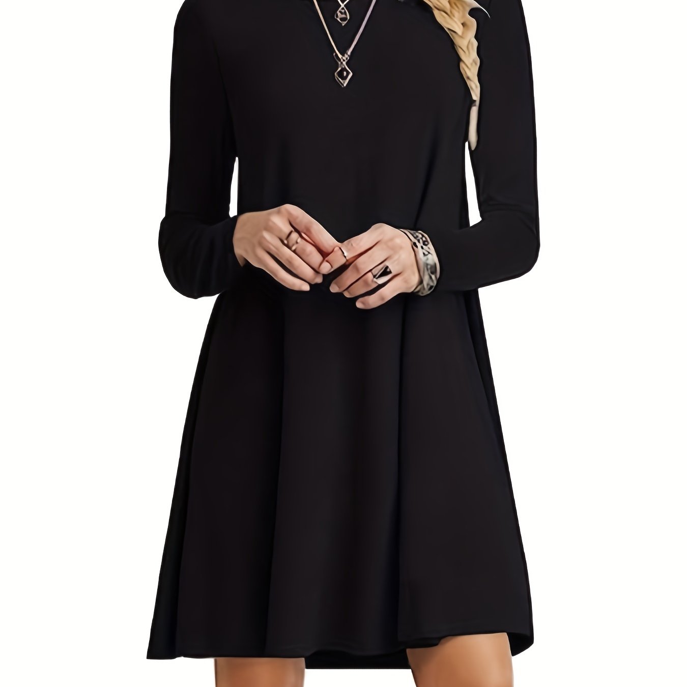 Solid Dress Casual Crew Neck Long Sleeve Versatile Dress