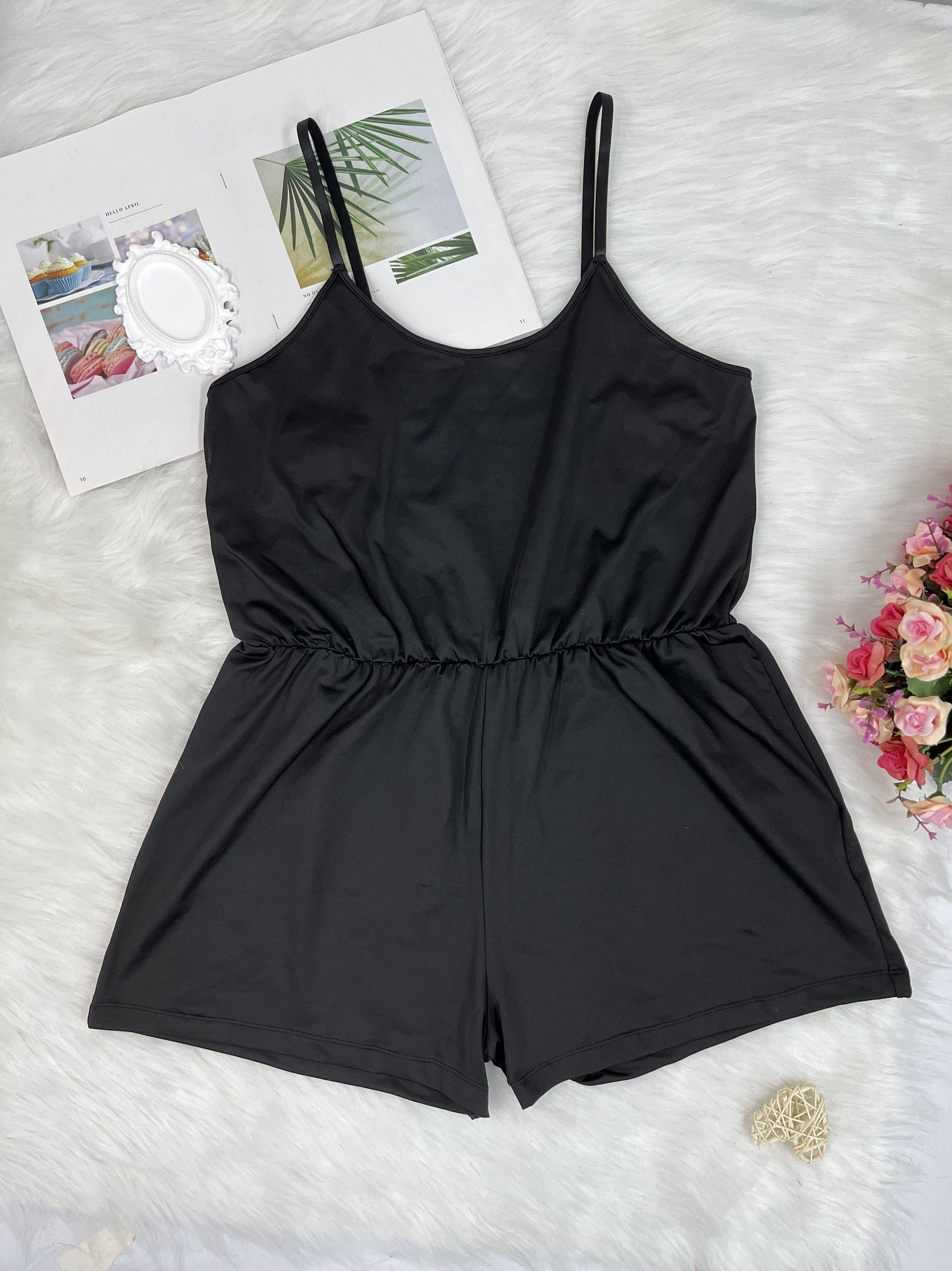  Solid Cami Pajama Romper with Nipped Waist