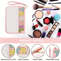 Monogram PVC & PU Clear Zipper Pouch Wristlet Glitter Makeup Beach Pouch