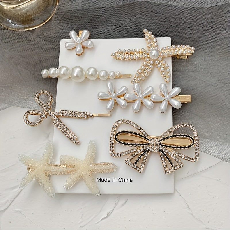 7pcs Faux Pearl Rhinestone Hair Clip Set