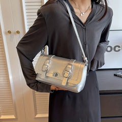 Retro Style Vegan Leather Shoulder Bag Buckle Decor Flap Baguette Bag
