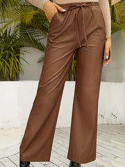  Solid Elastic Drawstring High Rise Straight Leg Trousers