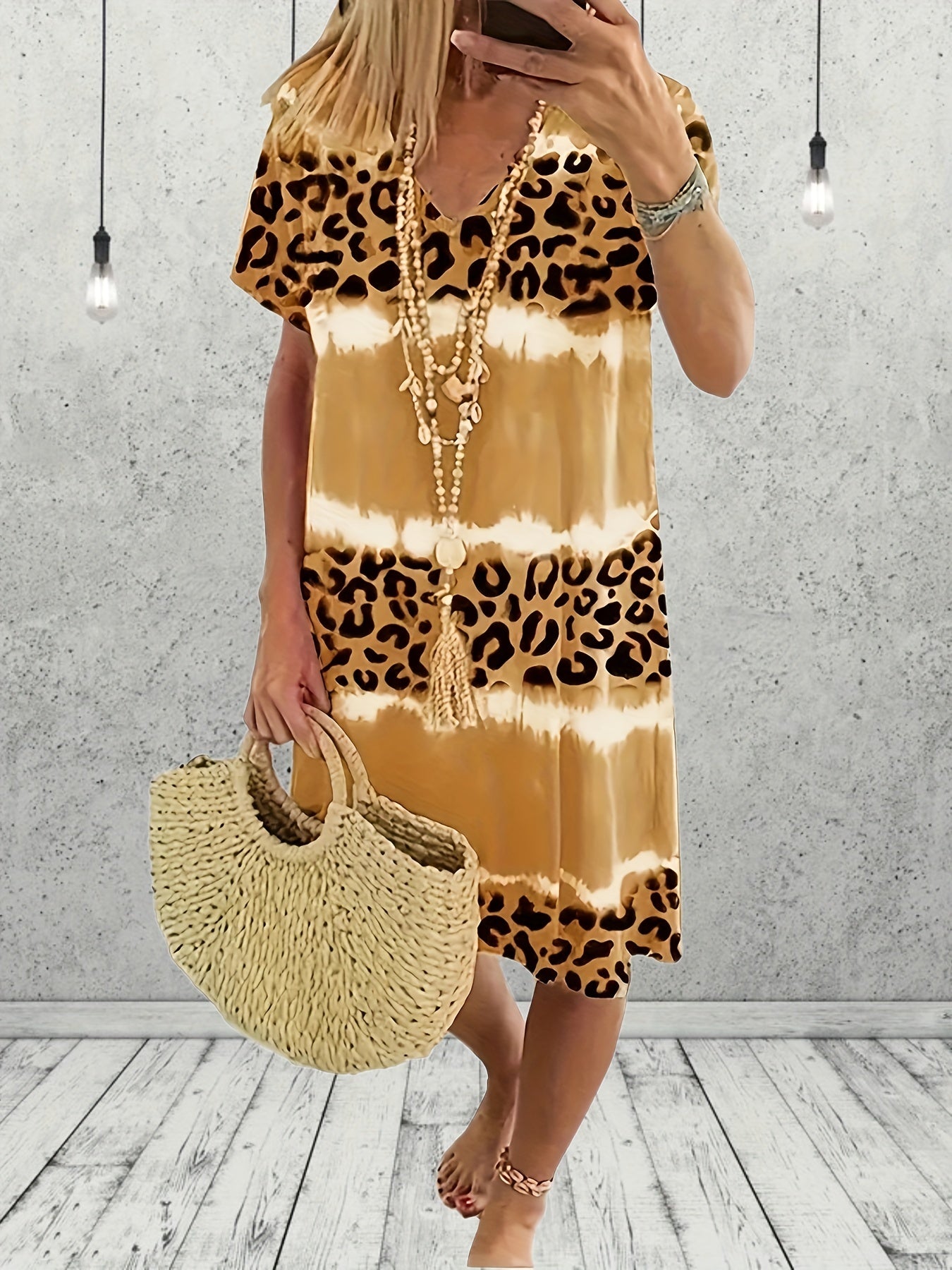  Tie Dye Leopard V Neck Dress