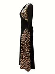 Colorblock Leopard Print V Neck Maxi Dress