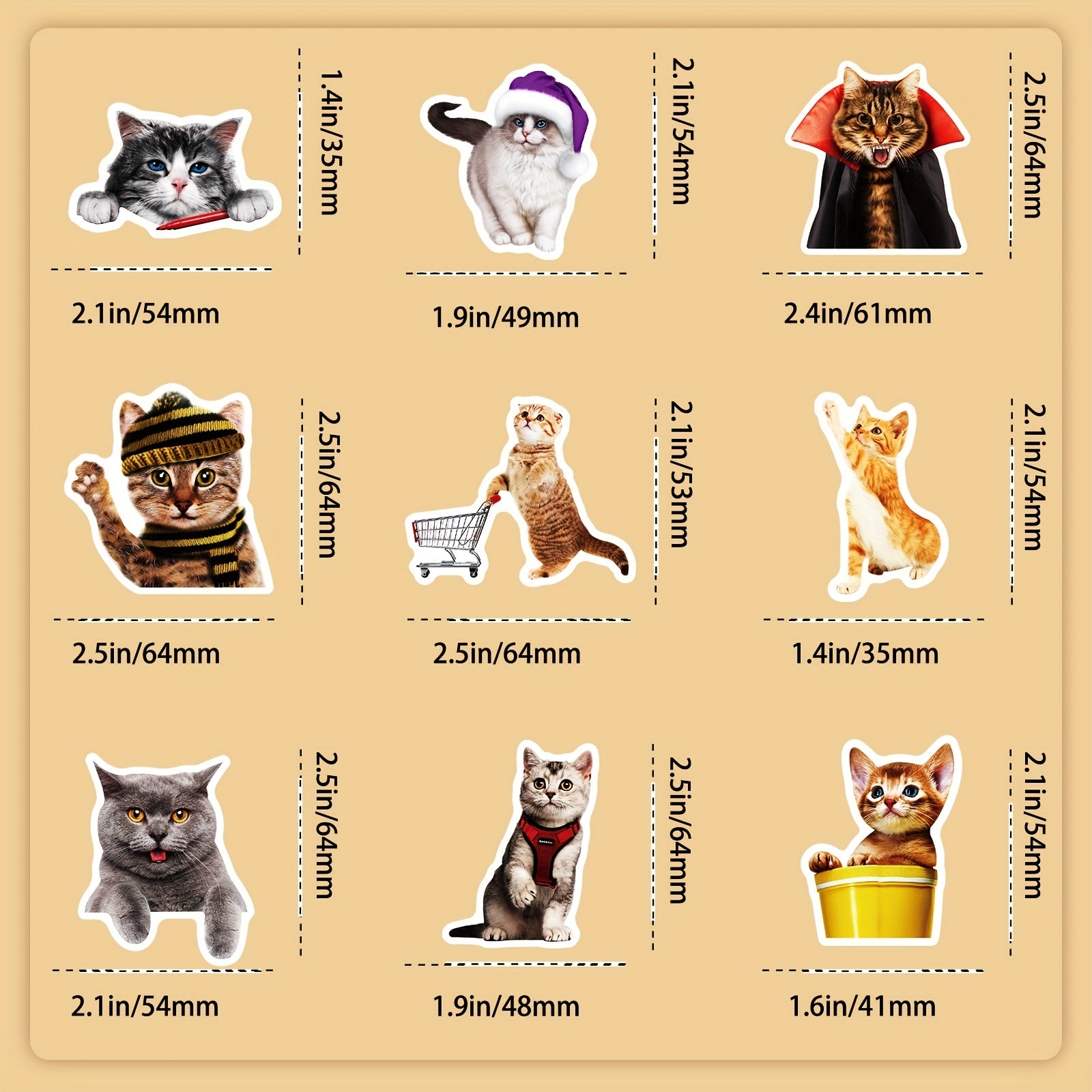 50pcs Realistic Cat Stickers Waterproof Vinyl Stickers Funny Kitten Face Decals