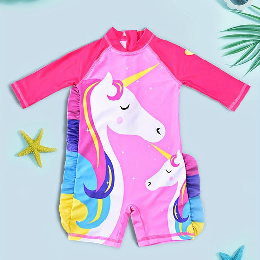 Toddler Unicorn Pattern Swimsuit Ruffle Onesie Long Sleeve Bathing Suit